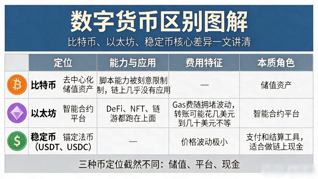 数字货币区别图解：比特币、以太坊、稳定币核心差异一文讲清